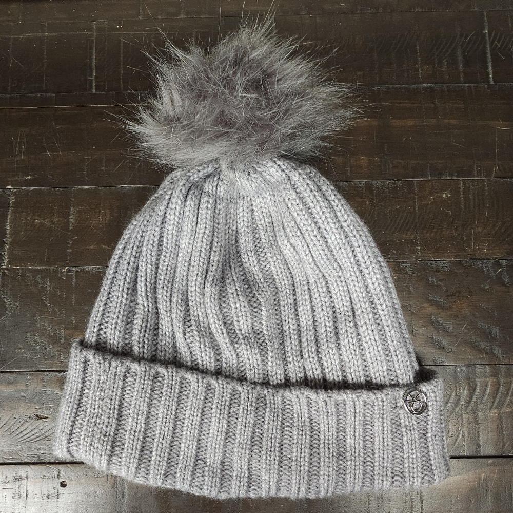 Calvin Klein Womens‎ Ribbed Pom Pom Beanie Hat Heather Grey Stocking Cap Logo